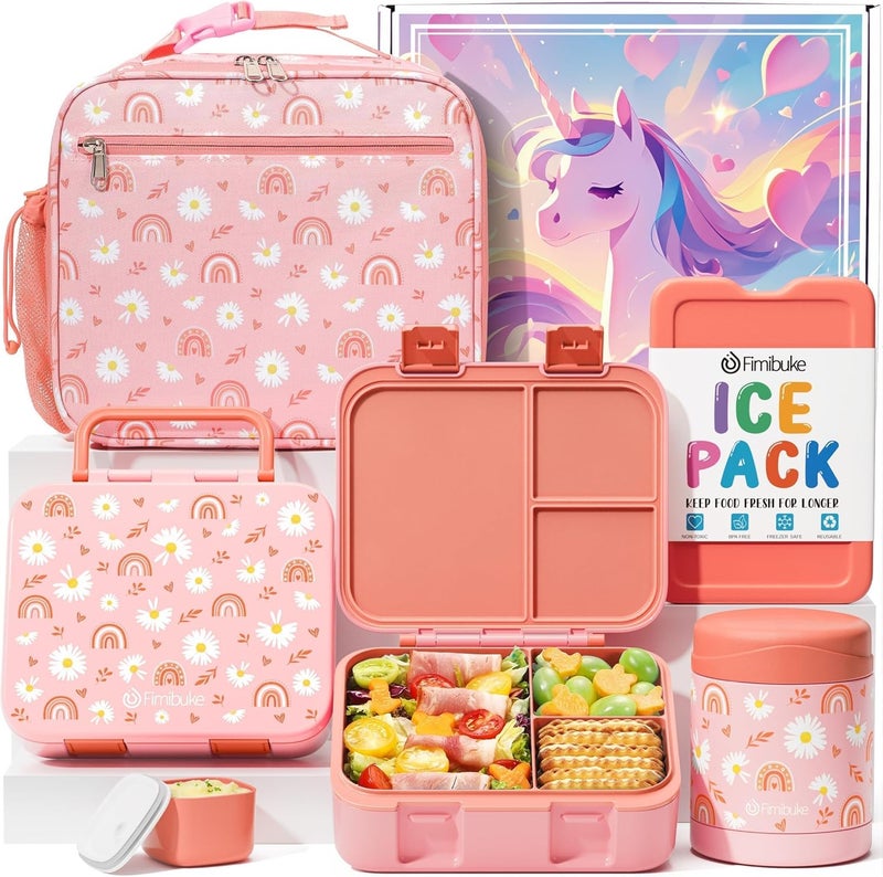 Fimibuke Bento Lunch Box for Kids with Food Ja, 3-Compartment 32OZ Snack Lunch Container, Lunch Bag, 12OZ Insulated Food Jar & Ice Pack Set for Age 3-12 School Daycare Toddler Teen Girls Boy, Rainbow - Image 1